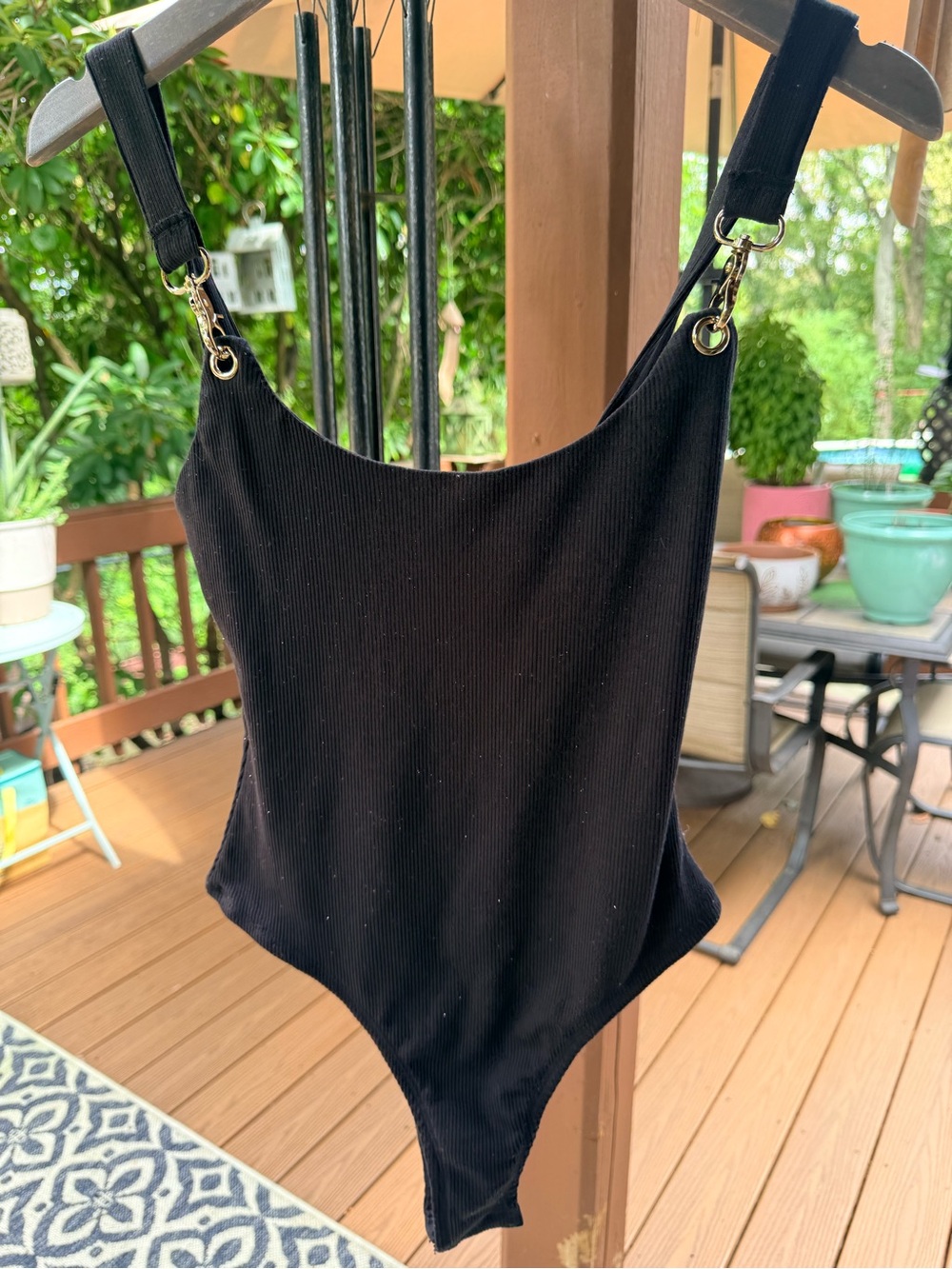White Fox Boutique Black Ribbed Bodysuit with Gold Hardware
